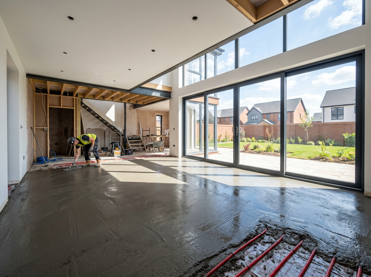 Newly built UK home with underfloor heating screed floor