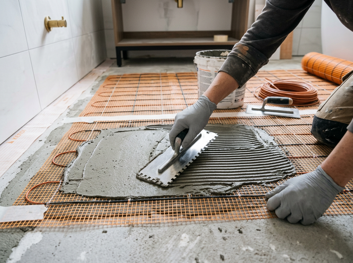 Electric underfloor heating mat installation under bathroom tiles