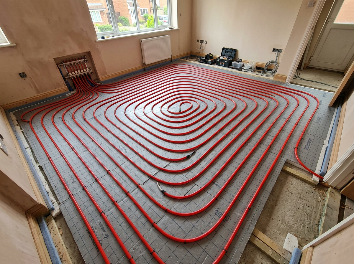 Precision water underfloor heating pipe installation