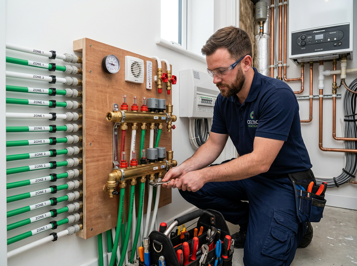 Professional installer fitting underfloor heating manifold